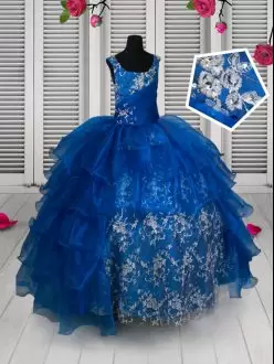 Royal Blue Sleeveless Floor Length Beading and Lace and Ruffled Layers Lace Up Custom Made Pageant Dress Scoop