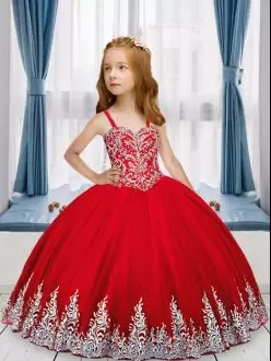 Customized Sleeveless Floor Length Embroidery Lace Up Little Girls Pageant Gowns with Wine Red