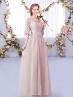Pink Half Sleeves Floor Length Lace and Belt Side Zipper Wedding Party Dress Scoop