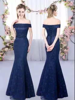 Sleeveless Floor Length Lace Lace Up Bridesmaid Gown with Navy Blue