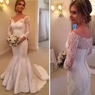 White 3 4 Length Sleeve Satin Brush Train Clasp Handle Wedding Dress for Wedding Party