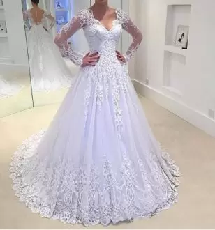 V-neck Long Sleeves Wedding Dress With Train Court Train Lace and Appliques Lavender Tulle
