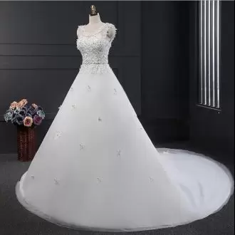 Clearance Scoop Sleeveless Wedding Dress Sweep Train Beading and Appliques White Tulle