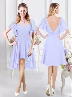 Chiffon V-neck Short Sleeves Zipper Ruching Bridesmaids Dress in Lavender