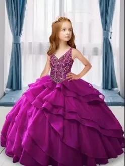 Classical Sleeveless V-neck Lace Up Floor Length Beading and Ruffled Layers Kids Formal Wear V-neck