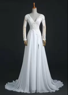 Graceful White Wedding Gown Chiffon Brush Train Long Sleeves Appliques