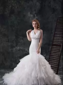 Romantic Organza V-neck Sleeveless Brush Train Lace Up Beading and Ruffles Wedding Dress in White