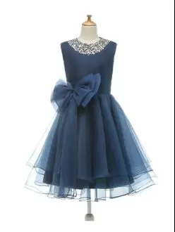 Custom Design Navy Blue Tulle Zipper Flower Girl Dresses Sleeveless Knee Length Beading and Bowknot