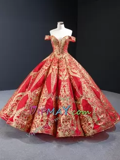 Exclusive Puffy Ball Gown Quinceanera Dress Red and Gold Sequins Cap Sleeves Off Shoulder