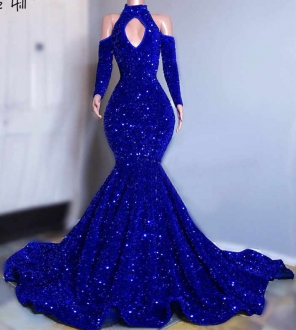 Long Royal Blue Sparkly Glitter Sequins African Girl Mermaid Evening Dress
